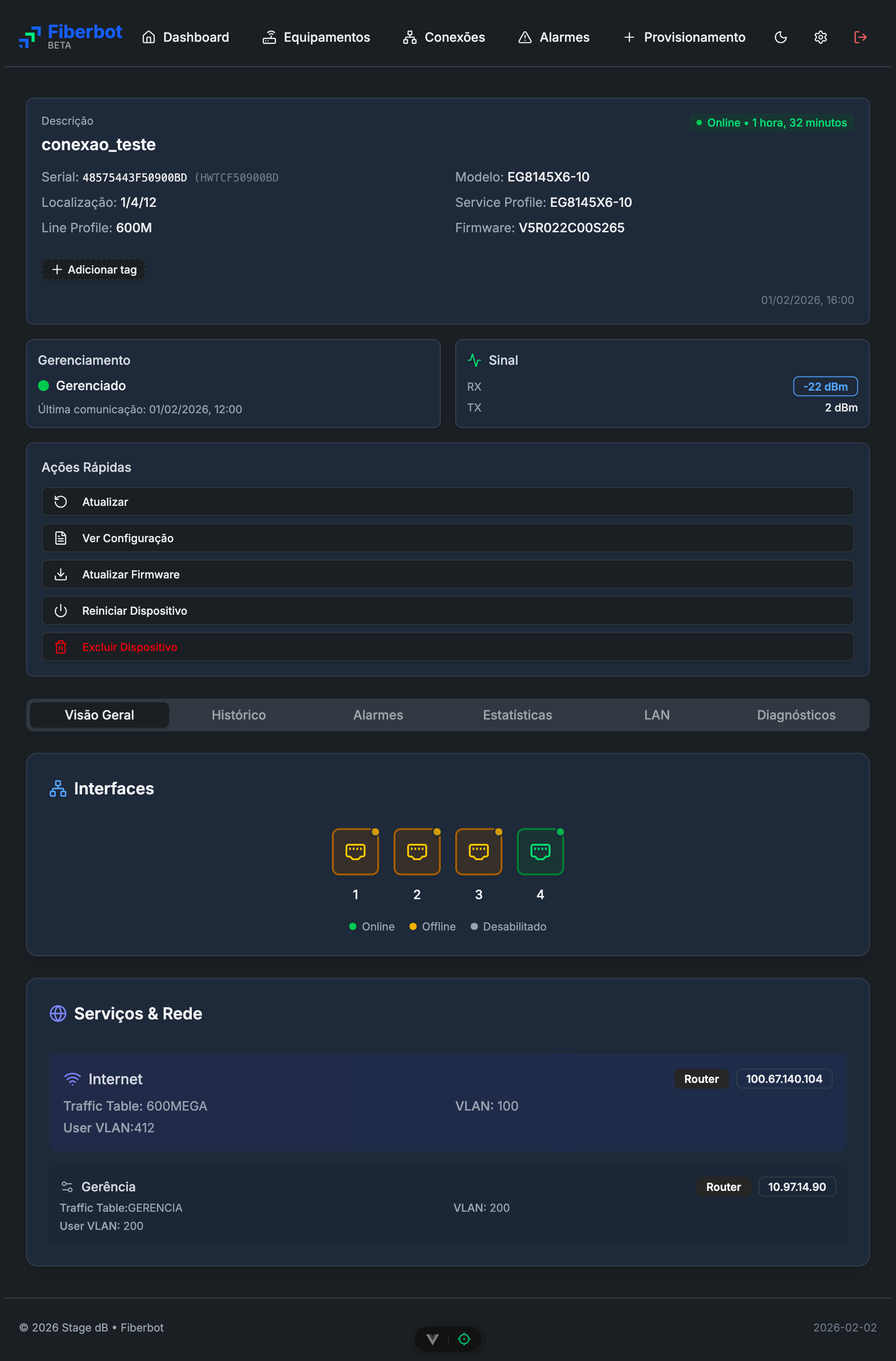 Interface Fiberbot - Visão do dispositivo